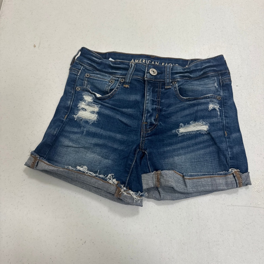 American Eagle MIDI Super Stretch Distressed Denim Shorts Dark Wash Size 2